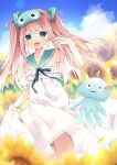  1girl :d bangs bare_shoulders blue_eyes blue_sailor_collar blurry blurry_background blurry_foreground character_request commentary_request day dress fang field flower flower_field hand_up highres long_hair looking_at_viewer octopus outdoors petals pink_hair purinpurin sailor_collar sailor_dress skindentation smile solo sunflower thigh_strap two_side_up very_long_hair vpro white_dress yellow_flower 