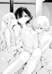  3girls arm_hug blush breast_sucking breast_sucking_through_clothes closed_mouth commentary_request greyscale hair_over_one_eye highres kiss kissing_cheek monochrome multiple_girls one_eye_closed original split_mouth yuri zanka_(the-only-neat) 