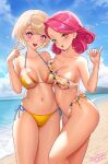  2girls artist_name ass bangs beach bikini blush borrowed_character breasts breasts_apart brown_hair cameltoe cleavage collarbone earrings front-tie_bikini_top front-tie_top highres jewelry large_breasts looking_at_viewer multiple_girls nail_polish navel necklace ocean open_mouth original pantheon_eve pink_hair short_hair side-tie_bikini_bottom swimsuit symbol-shaped_pupils thigh_gap thighs upper_body yellow_eyes 