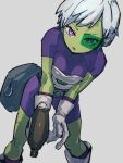  1girl bodysuit cheelai colored_skin dragon_ball dragon_ball_super dragon_ball_super_broly gloves green_skin grey_background gun holding holding_gun holding_weapon kemachiku looking_at_viewer purple_bodysuit purple_eyes scouter short_hair simple_background solo weapon white_gloves white_hair 