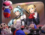  2girls absurdres aegis_(persona) blonde_hair blue_eyes crane_game gekkoukan_high_school_uniform highres koromaru_(persona) kuma_(persona_4) labrys_(persona) morgana_(persona_5) multiple_girls nakano_maru persona persona_3 persona_4 persona_5 ponytail red_eyes school_uniform short_hair white_hair yasogami_school_uniform 