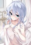 1girl absurdres bathroom blue_eyes blurry blurry_background blush censored collarbone curtains fathom hair_between_eyes hibiki_(kancolle) highres kantai_collection long_hair parted_lips solo upper_body white_hair 