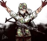  1girl arms_up assault_rifle blood blood_on_face blood_on_hands breast_pocket breasts camouflage camouflage_headwear camouflage_jacket camouflage_pants commentary espedraws finnish_army finnish_commentary grey_eyes gun hat highres jacket magazine_(weapon) medium_breasts military military_uniform occult one_eye_covered original pants pocket rifle rk62 sleeves_rolled_up solo uniform weapon white_hair 