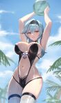  1girl alternate_costume arms_up ball bare_arms beachball black_hairband blue_hair breasts covered_navel covered_nipples cowboy_shot cuboon day eula_(genshin_impact) food from_below fruit genshin_impact hairband holding holding_ball large_breasts looking_at_viewer medium_hair one-piece_swimsuit outdoors palm_tree parted_lips see-through solo swimsuit thighhighs thighs tree twitter_username wet 