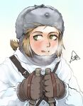  1girl brown_gloves brown_hair espedraws fur_hat gloves green_eyes grey_headwear grey_scarf hat jacket long_sleeves low_ponytail original ponytail scarf short_ponytail ski_pole skiing snot solo tongue tongue_out upper_body white_jacket winter world_war_ii 