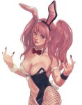  1girl animal_ears bangs bare_shoulders black_leotard blonde_hair bow bowtie breasts cleavage closed_mouth collarbone cowboy_shot danganronpa:_trigger_happy_havoc danganronpa_(series) detached_collar enoshima_junko fake_animal_ears fishnet_pantyhose fishnets grey_background hands_up highres large_breasts leotard nail_polish navel official_alternate_costume open_leotard pantyhose playboy_bunny rabbit_ears red_bow red_bowtie red_nails rei_(tdn_ng) revealing_clothes shiny shiny_clothes shiny_hair simple_background smile solo stomach twintails two-tone_leotard white_leotard wrist_cuffs 
