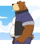  2022 anthro belly black_nose bottomwear brown_body bulge clothing cloud hagom hi_res humanoid_hands juuichi_mikazuki kemono male mammal morenatsu overweight overweight_male pants shirt solo topwear ursid video_games visual_novel 