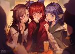  5girls alcohol animal_ears bangs banned_artist beer blue_hair blunt_bangs blurry blurry_background blurry_foreground bow brown_hair cape depth_of_field dress drill_hair efxc frills green_kimono hair_bow head_fins imaizumi_kagerou japanese_clothes jewelry kimono long_hair long_sleeves mermaid monster_girl multiple_girls red_hair sash sekibanki short_hair touhou wakasagihime wide_sleeves wolf_ears 