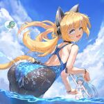  :3 absurdres android animal_ears ass back bangs blonde_hair blue_eyes blue_one-piece_swimsuit cat_ears cat_girl cat_tail character_request choker fang from_behind girls&#039;_frontline girls&#039;_frontline_neural_cloud highres huge_ass idw_(girls&#039;_frontline) light_blush long_hair looking_at_viewer looking_back making-of_available mechanical_arms ocean pantyhose partially_underwater_shot paw_pose robot_ears shoulder_blades sky smile solo_focus splashing swept_bangs swimsuit tail twintails wading water water_gun zerowill 