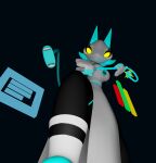  2022 3d_(artwork) absurd_res anthro blue_hair breasts clothed clothing deltarune digital_media_(artwork) dominant dominant_female felid feline female first_person_view floating_hands genitals glowing glowing_genitalia glowing_pussy hair hi_res holding_object holding_weapon looking_at_viewer machine mammal pussy robot simple_background smile solo sticki_bun tasque_manager thick_thighs topwear undertale_(series) video_games wardrobe_malfunction weapon whip yellow_eyes 