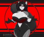  6:5 abs absurd_res anthro armwear bedroom_eyes belly big_breasts black_body black_fur black_hair blushbrush breast_squish breasts claws cleavage cleavage_overflow clothed clothing clothing_pull collar corset cutout fangs female fluffy fluffy_chest fluffy_tail fur glistening glistening_body glistening_eyes glistening_skin hair hi_res huge_breasts huge_hips huge_thighs latex_clothing leather leather_clothing lingerie looking_at_viewer mammal midriff multicolored_body multicolored_fur narrowed_eyes procyonid raccoon red_eyes seductive simple_background small_clothing smile solo squish text thick_thighs topwear topwear_pull url 