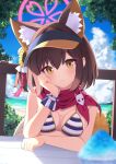  :t animal_ear_fluff animal_ears bangs blue_archive brown_hair eyeshadow fox_ears fox_girl fox_tail halo izuna_(blue_archive) izuna_(swimsuit)_(blue_archive) looking_at_viewer makeup pink_eyeshadow pink_scarf red_eyeshadow rururiiro scarf shaved_ice short_hair tail visor_cap yellow_eyes 