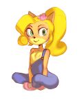  activision anthro blonde_hair clothing coco_bandicoot crash_bandicoot_(series) cute_expression female footwear fur green_eyes hair hi_res looking_at_viewer nipples overalls shoes sirdoopa sitting smile solo video_games 