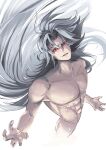  1boy abs absurdres blue_eyes collarbone colored_sclera completely_nude eyelashes gemini_kanon grey_hair hair_between_eyes highres kodamazon light_smile long_hair looking_at_viewer male_focus muscular muscular_male nude parted_lips red_pupils red_sclera saint_seiya simple_background sketch smile solo teeth veins very_long_hair white_background 