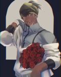  1boy alternate_color black_hair bouquet chromatic_aberration collared_shirt commentary_request dark-skinned_male dark_skin dynamax_band earrings flower gloves green_eyes grey_gloves grey_shirt half-closed_eyes hand_up highres hood hoodie jewelry kago_(pkmncheerz3) male_focus off_shoulder open_mouth pokemon pokemon_(game) pokemon_masters_ex raihan_(pokemon) red_flower shirt short_hair single_glove smile solo teeth upper_body white_hoodie 