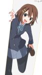  1girl :d absurdres artist_name bangs black_pantyhose blazer blue_jacket blue_ribbon blue_skirt blush brown_eyes brown_footwear brown_hair commentary_request cynical_(llcbluckg_c004) hair_between_eyes hair_ornament hairclip highres hirasawa_yui jacket k-on! leg_up loafers long_sleeves looking_at_viewer neck_ribbon open_mouth pantyhose pleated_skirt ribbon sakuragaoka_high_school_uniform school_uniform shadow shirt shoes short_hair skirt smile solo twitter_username watermark white_shirt 