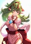  1girl alternate_costume bangs blush breasts bridal_gauntlets chest_jewel commentary_request covered_mouth dragonstone dress fire_emblem fire_emblem:_mystery_of_the_emblem fire_emblem_awakening fire_emblem_heroes floating_hair gem green_eyes green_hair hair_between_eyes hair_ribbon hand_on_own_chin high_ponytail highres jewelry long_hair looking_at_viewer medium_breasts nakabayashi_zun official_alternate_costume pelvic_curtain pink_dress pointy_ears red_ribbon ribbon sash short_dress side_slit signature sleeveless sleeveless_dress solo tiara tiki_(fire_emblem) 