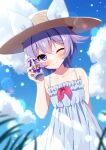  1girl ;) bangs bare_arms bare_shoulders blue_dress blue_sky blush brown_headwear can closed_mouth cloud cloudy_sky collarbone day dress frilled_dress frills hair_between_eyes hand_up hat holding holding_can indie_virtual_youtuber kyue_(vtuber) leaning_to_the_side mauve one_eye_closed outdoors purple_eyes purple_hair sky sleeveless sleeveless_dress smile solo sun_hat virtual_youtuber 