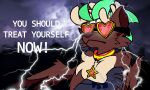  5:3 anthro antlers brown_body collar crossed_arms eyewear glasses green_hair hair heart_clothing horn jamsire lightning low_tier_god lucky_prize_(jamsire) meme peryton photo_background shitpost star text wings 