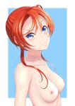  1girl absurdres blue_background blue_eyes blush border breasts closed_mouth collarbone frown hair_between_eyes hair_over_shoulder highres long_hair love_live! love_live!_superstar!! low_twintails naeternam nipples nude orange_hair outside_border shiny shiny_hair small_breasts solo twintails upper_body white_border yoneme_mei 