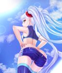  1girl arched_back armpits ass bangs blue_shorts blue_sky blue_thighhighs blush breasts brown_eyes clothes_pull cloud crop_top day floating_hair from_behind from_below grey_hair hair_between_eyes hair_ornament hands_on_hips highres hoshino_ruri kidou_senkan_nadesico lens_flare long_hair looking_at_viewer looking_back looking_down outdoors race_queen shiny shiny_hair shiny_skin short_shorts shorts shorts_pull shoulder_blades sky small_breasts solo sparkle teketeke thigh_gap thighhighs twintails very_long_hair zettai_ryouiki 