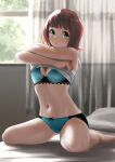  1girl absurdres amami_haruka aqua_bra blush bra breasts brown_hair cleavage eyes_visible_through_hair green_eyes highres idolmaster indoors kneeling looking_at_viewer multicolored_bra multicolored_clothes navel on_bed open_mouth panties pillow shirt short_hair small_breasts solo tama_(tamago) two-tone_bra two-tone_panties underwear undressing white_shirt window 