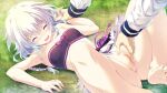 1girl :d armpits bangs bare_arms bare_legs bare_shoulders barefoot black_bandeau blush braid breasts censored closed_eyes clothes_lift day fingering game_cg hair_between_eyes holding_another&#039;s_wrist iris_krug long_hair lying midriff mizunezumi mosaic_censoring on_back on_grass open_mouth outdoors pink_ribbon pussy pussy_juice re;lord_dai_san_shou ribbon single_braid skirt skirt_lift small_breasts smile soles solo_focus stomach white_hair 