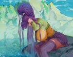  bangs breasts eiken gigantic_breasts huge_breasts long_hair looking_at_viewer looking_to_the_side misono_kirika mountain noaqin ponytail purple_eyes purple_hair school_uniform sitting_on_rock skirt solo thighhighs very_long_hair water water_spring 