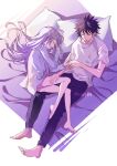  1boy 1girl bare_legs barefoot black_hair closed_eyes from_above grey_hair hand_on_another&#039;s_leg highres index_(toaru_majutsu_no_index) kamijou_touma long_hair lying naked_shirt on_back on_side open_mouth ouyin pants pillow purple_pants shirt short_hair sketch sleeping spiked_hair straight_hair t-shirt toaru_majutsu_no_index twitter_username very_long_hair white_shirt 