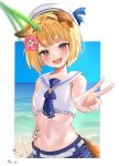  1girl :3 animal_ears bangs belt beret blonde_hair blue_shorts blunt_bangs blurry blurry_foreground breasts crop_top dog_ears dog_girl dog_tail fangs flower granblue_fantasy hair_flower hair_ornament hand_on_hip hat looking_at_viewer midriff navel ocean open_mouth punyaru reaching_out sailor_collar shirt short_hair shorts sleeveless sleeveless_shirt small_breasts smile solo tail thick_eyebrows upper_body v vajra_(granblue_fantasy) water white_headwear yellow_eyes 