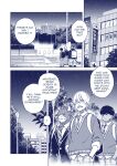  anthro backpack blue_and_white bovid building clothing comic dark_body dark_skin edit english_text group hard_translated hi_res human male mammal monochrome outside popwitter_ox rear_view school_uniform standing street_lamp text translated uniform 