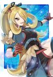  1girl blonde_hair breasts cynthia_(pokemon) fu_(tk1189227dhy) gloves hair_over_one_eye hair_ribbon highres long_hair official_alternate_costume open_mouth outstretched_arm pokemon pokemon_(game) pokemon_masters_ex ponytail ribbon smile solo sparkle teeth very_long_hair 