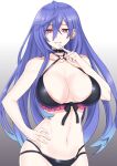  1girl blue_hair blush breasts choker hair_over_one_eye hand_on_hip highres iris_heart kami_jigen_game_neptune_v large_breasts long_hair looking_at_viewer navel neptune_(series) paid_reward_available pink_eyes power_symbol smile solo swimsuit symbol-shaped_pupils very_long_hair zatsu 