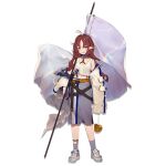  1girl arknights artist_name bangs bare_shoulders blush commentary_request dated dress flag full_body green_eyes long_hair long_sleeves looking_at_viewer myrtle_(arknights) navel non-web_source open_mouth pointy_ears red_hair shirt smile solo source_request very_long_hair white_shirt 