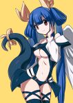  absurdres angel_wings asymmetrical_wings bangs bare_shoulders bbhdrrr belt black_panties blue_hair breasts choker closed_mouth dizzy_(guilty_gear) guilty_gear guilty_gear_x guilty_gear_xx hair_between_eyes hair_rings highres large_breasts long_hair long_sleeves midriff monster_girl navel panties puffy_long_sleeves puffy_sleeves red_eyes ribbon sidelocks simple_background smile solo tail tail_ornament tail_ribbon thigh_strap thighs twintails underboob underwear wings yellow_background yellow_ribbon 