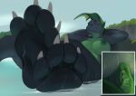  4_toes absurd_res anthro aquatic_dragon breasts claws dragon feet female fin foot_focus grass green_eyes green_nipples grey_body grey_scales group hi_res kerneldecoy marine membrane_(anatomy) nipples non-mammal_breasts plant scales sea soles toe_claws toes water webbed_feet wet 