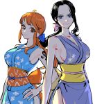  2girls arm_tattoo armpits asymmetrical_hair backlighting black_hair blue_bow blue_eyes blue_kimono bow breasts cleavage closed_mouth commentary cowboy_shot eyelashes floral_print hair_bow hand_on_hip japanese_clothes kimono large_breasts long_hair looking_at_viewer multiple_girls nami_(one_piece) nico_robin obi obijime official_alternate_costume one_piece orange_eyes orange_hair pink_bow ponytail raine_(acke2445) sash side-by-side side_slit sideboob sidelocks simple_background sleeveless sleeveless_kimono smile standing tattoo white_background 