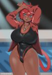  1girl absurdres animal_ears artist_name blue_eyes blue_nails breasts cat_ears dark_skin fangs highres jacket large_breasts lifeguard looking_at_viewer open_clothes open_jacket red_hair sandcasks short_hair smile solo standing swimsuit tail thick_thighs thighs 