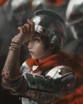  1girl absurdres armor bangs berserk blurry blurry_background brown_gloves brown_hair cape casca_(berserk) closed_mouth dana_(ocana_dana) from_side gloves helm helmet highres looking_up red_cape short_hair shoulder_armor solo 