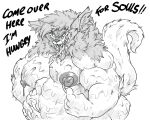  2021 abs anthro areola belly biceps biped black_and_white canid canine canis claws desmo_(wolfbear303) dialogue digital_drawing_(artwork) digital_media_(artwork) dripping ectoplasm english_text facial_hair facial_tuft fangs fur ghost goo_creature grin hair hairy hi_res inner_ear_fluff looking_at_viewer male mammal mane monochrome moobs muscular muscular_anthro muscular_male nipples nude open_mouth overweight overweight_anthro overweight_male pecs sharp_claws simple_background smile solo spirit teeth text tongue tuft wolf wolfbear303 