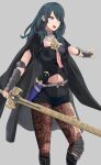  1girl absurdres bangs black_cape black_shorts blue_eyes blue_hair breasts brown_pantyhose byleth_(fire_emblem) byleth_(fire_emblem)_(female) cape detached_collar fire_emblem fire_emblem:_three_houses grey_background hair_between_eyes highres holding holding_sword holding_weapon long_hair medium_breasts midriff navel open_mouth outstretched_arm outstretched_hand pantyhose sail_(sail-away) shiny shiny_hair short_shorts shorts simple_background solo standing stomach straight_hair sword weapon 