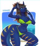  anthro blue_body blue_tail breasts brown_hair butt clothing digital_media_(artwork) female fish geramime green_eyes hair hi_res marine shark smile solo yellow_body yellow_tail 