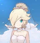  1girl alternate_costume alternate_hairstyle aqua_eyes bare_shoulders blonde_hair bridal_veil chocomiru closed_mouth commentary_request dress earrings hair_bun hair_over_one_eye jewelry mario_(series) non-web_source one_eye_covered princess rosalina single_hair_bun sky smile solo source_request standing star_(symbol) star_earrings strapless strapless_dress super_mario_galaxy upper_body veil wedding_dress white_dress 
