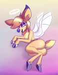  absurd_res angel anthro breasts butt cervid deerie_(helluva_boss) dewclaw_hooves female fluffy fur gradient_background hair halo helluva_boss hi_res hooves looking_at_viewer lying mammal muffinlicious nude on_side pastel_background purple_eyes scut_tail semi-anthro short_tail simple_background solo suggestive_pose text unguligrade unguligrade_legs wings 