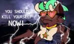  5:3 anthro antlers brown_body collar crossed_arms english_text eyewear glasses green_hair hair heart_clothing horn jamsire lightning low_tier_god lucky_prize_(jamsire) meme peryton photo_background shitpost star text wings 