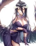  1girl ahoge albedo_(overlord) bangs black_hair black_sleeves black_wings blurry blurry_background boa_sorte breasts cleavage closed_mouth demon_girl detached_sleeves dress feathered_wings front_slit gloves grey_gloves grey_skirt hair_between_eyes highres horns large_breasts long_hair looking_at_viewer overlord_(maruyama) shiny shiny_hair short_dress skirt smile solo stomach strapless very_long_hair white_background wings yellow_eyes 