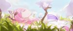  1girl absurdres chinese_commentary closed_eyes crystal dress elysia_(herrscher_of_human:ego) elysia_(honkai_impact) flower gloves grass hair_ornament highres honkai_(series) honkai_impact_3rd nhan pink_hair ribbon sky sleeping tears white_dress white_gloves white_ribbon 