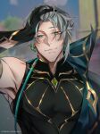  1boy absurdres alhaitham_(genshin_impact) arm_up bangs blurry blurry_background bodysuit cape closed_mouth english_commentary genshin_impact green_cape green_eyes grey_hair hair_over_one_eye hand_in_own_hair headphones highres looking_at_viewer male_focus shoulder_cape smile solo yeobosan 