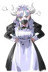 1girl alternate_costume apron black_dress blue_hair breasts commentary covered_mouth cowboy_shot curled_horns dress enmaided hands_on_hips horns juliet_sleeves leaning_forward long_hair long_sleeves looking_at_viewer maid maid_apron maid_headdress mask medium_breasts mouth_mask multicolored_hair one_piece pink_eyes pout puffy_sleeves raine_(acke2445) red_hair simple_background solo straight_hair streaked_hair two-tone_hair ulti_(one_piece) v-shaped_eyebrows white_background 
