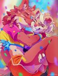  anthro ashe_(coffeesoda) ben_(coffeesoda) blush bottomwear canid canine canis carrying_partner clothing coffeesoda confetti domestic_dog duo ear_piercing embrace eyes_closed female fur hair happy hi_res hug lgbt_pride licking male male/female mammal multicolored_body multicolored_fur piercing pigtails pink_body pink_fur pride_color_accessory pride_color_clothing pride_color_flag pride_color_topwear pride_colors red_body red_fur role_reversal shorts smile teeth tongue tongue_out topwear white_hair 